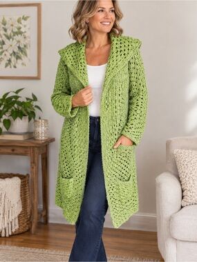 Light Green Open-Front Crochet Sweater Cardigan